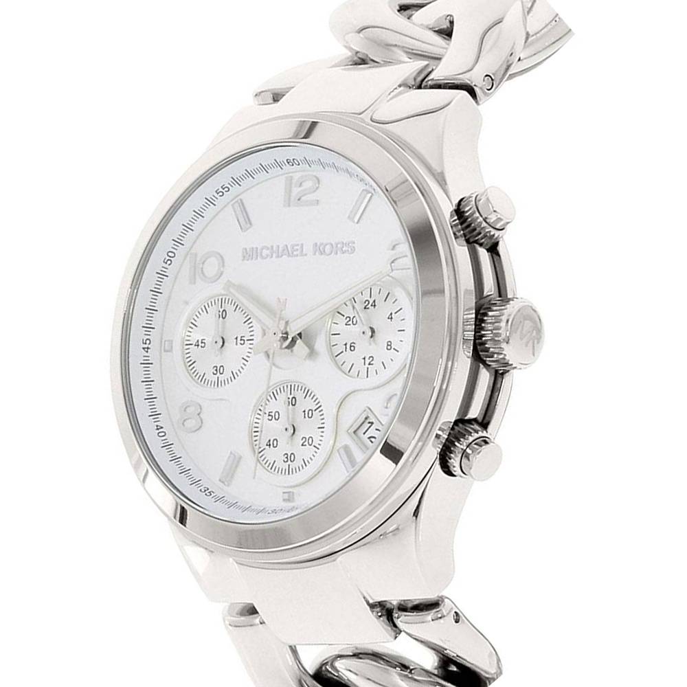 Michael Kors Runway Twist MK3149 angled view showing white dial with three chronograph subdials and twisted chain bracelet