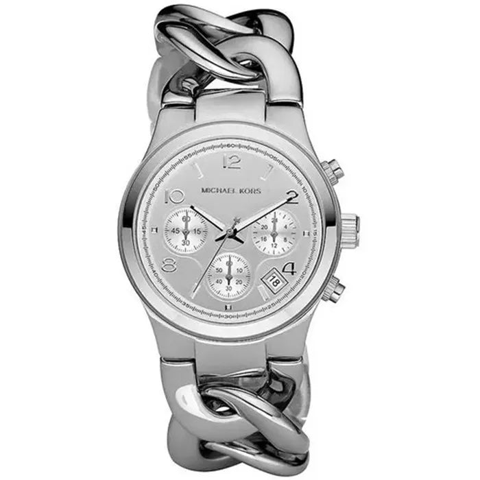 Michael Kors Runway Twist MK3149 silver women's chronograph watch with twist chain bracelet