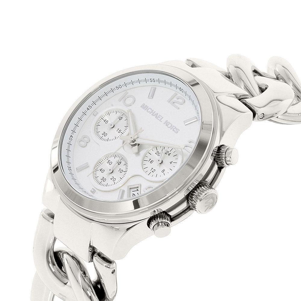 Michael Kors Runway Twist MK3149 side view with twisted chain strap and white dial