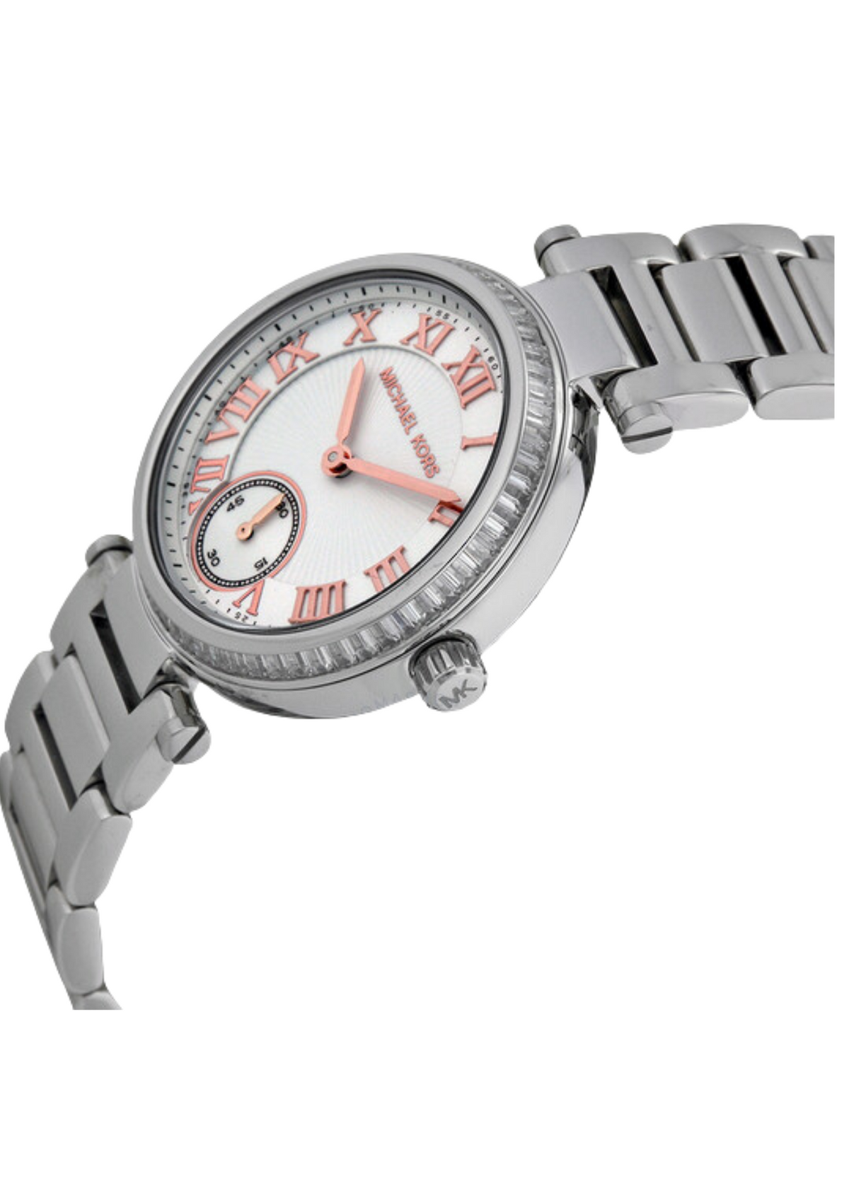 Angled view of Michael Kors Skylar watch showing silver bracelet and dial detail with rose accents