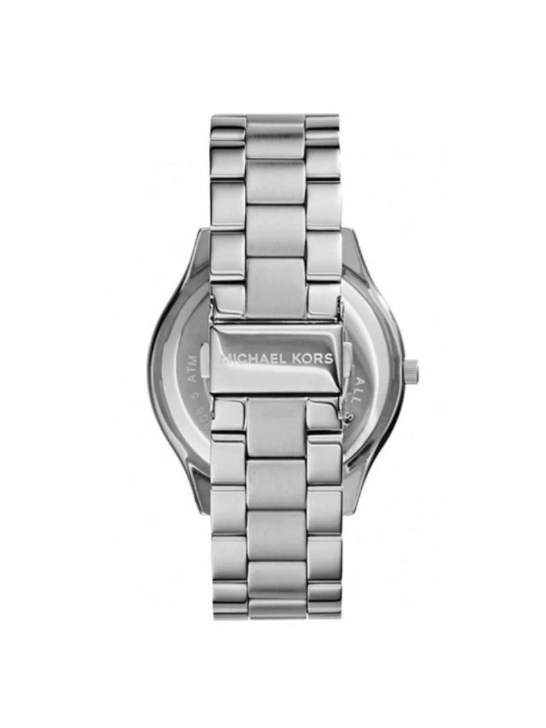 Caseback of Michael Kors Slim Runway watch with MK branding on silver stainless steel