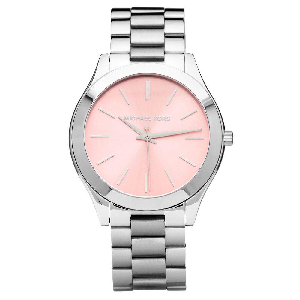 Michael Kors Slim Runway women's watch with pink dial and silver stainless steel bracelet