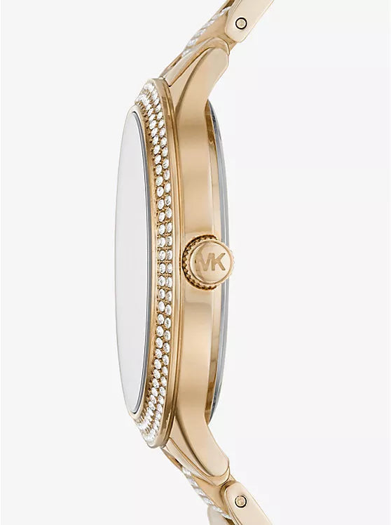 Michael Kors Slim Runway watch side view showing slim profile and gold-tone case with MK logo