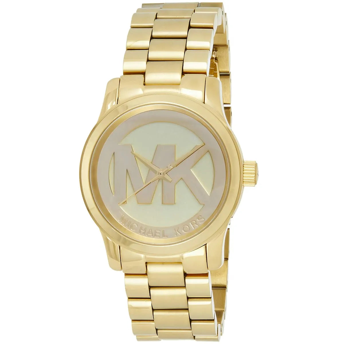 Michael Kors Slim Runway gold watch angled view showing dial and bracelet