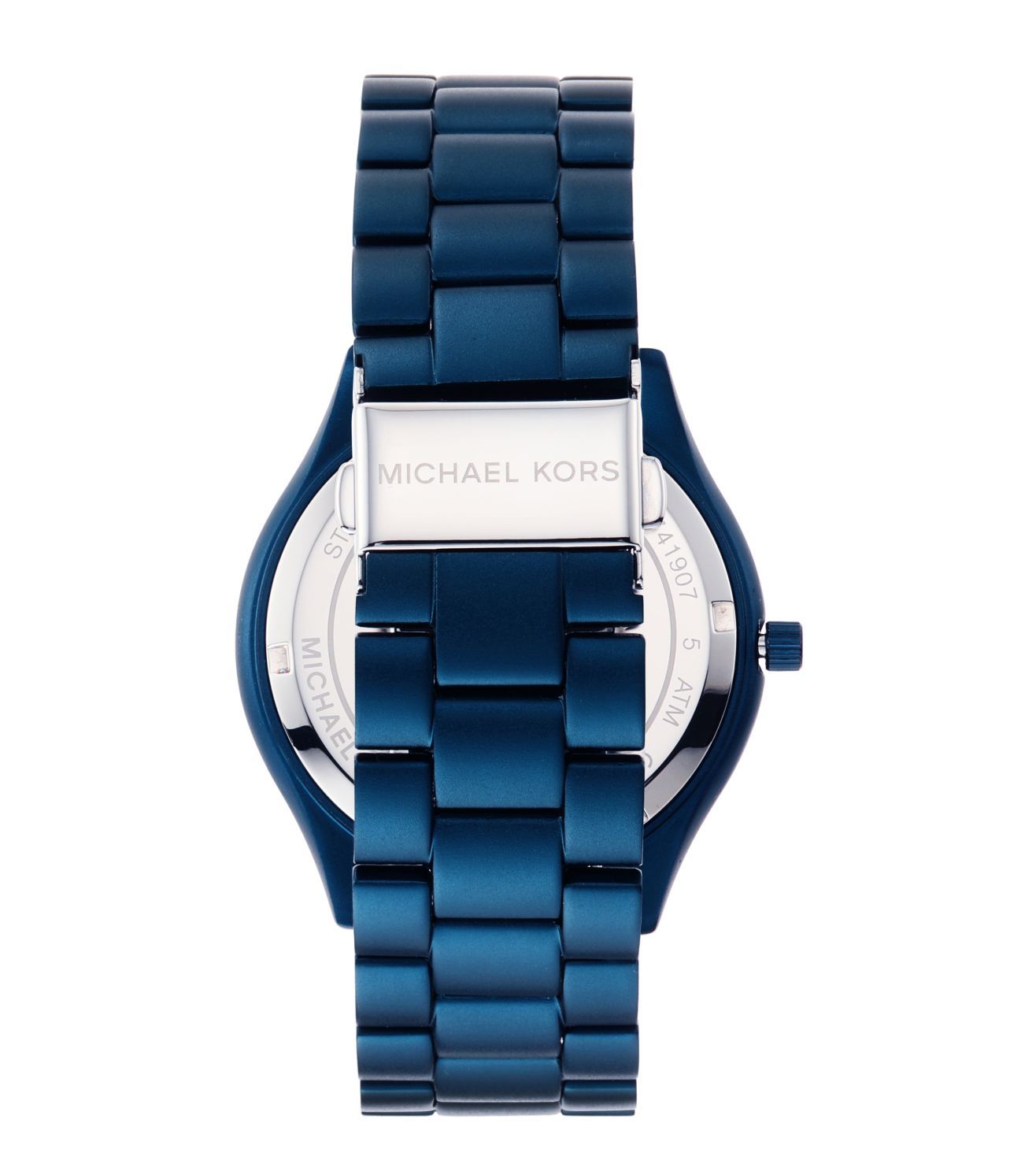 Michael Kors Slim Runway watch caseback showing blue metal link bracelet