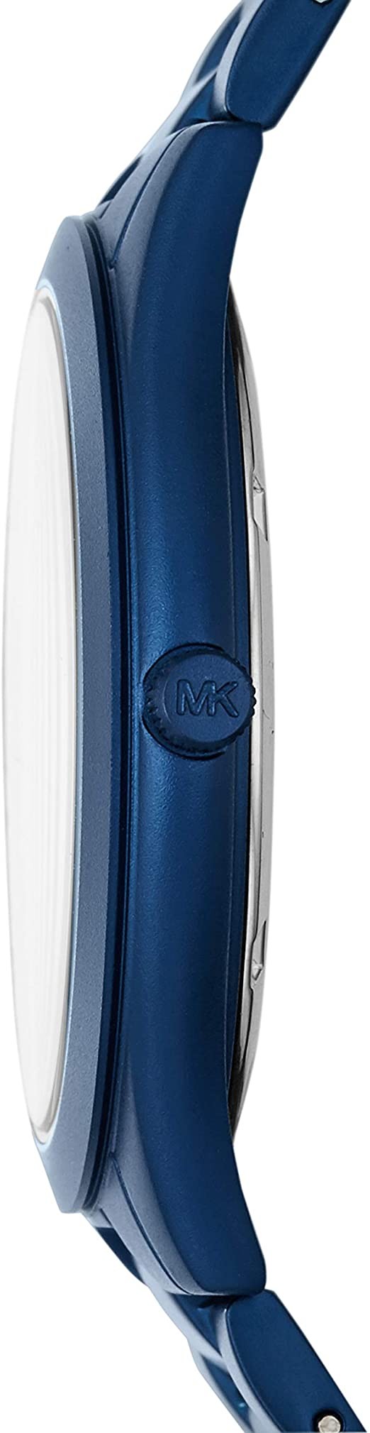 Michael Kors Slim Runway watch side profile showing slim case and MK logo on band