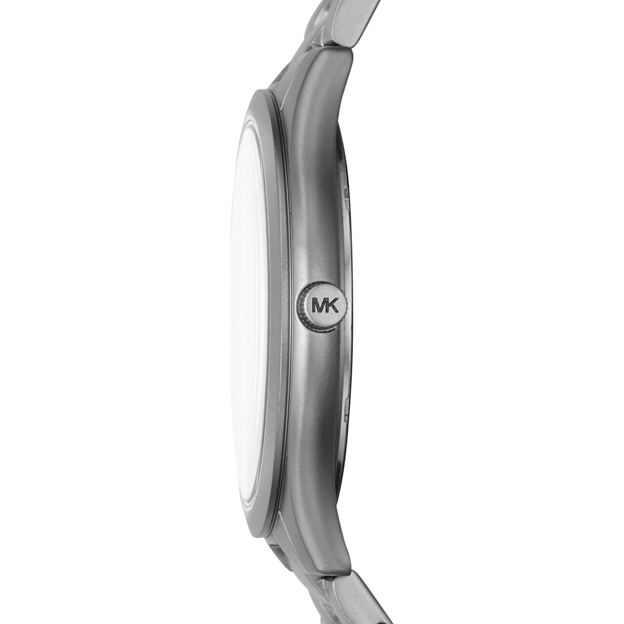 Side profile of Michael Kors Slim Runway watch showing slim case profile and MK logo