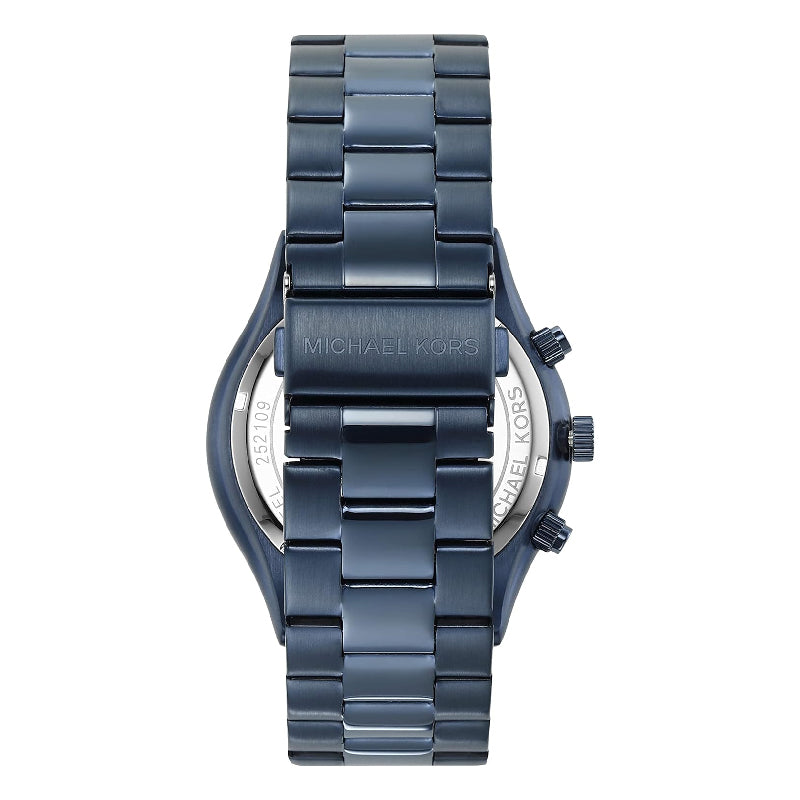 Case back of Michael Kors Slim Runway MK8918 blue steel watch with Michael Kors branding
