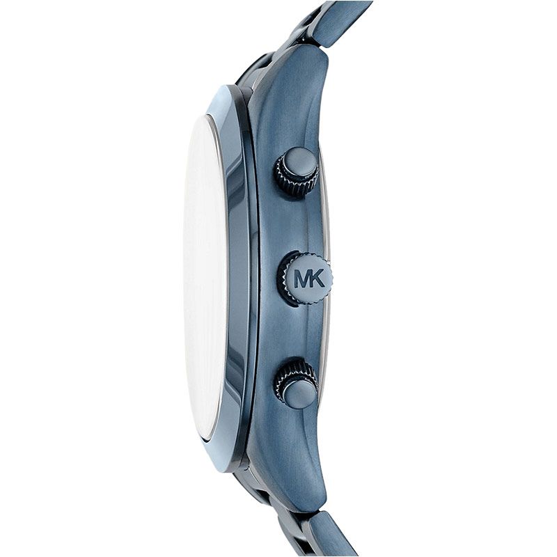 Side profile of Michael Kors Slim Runway MK8918 showing blue steel case and chronograph pushers