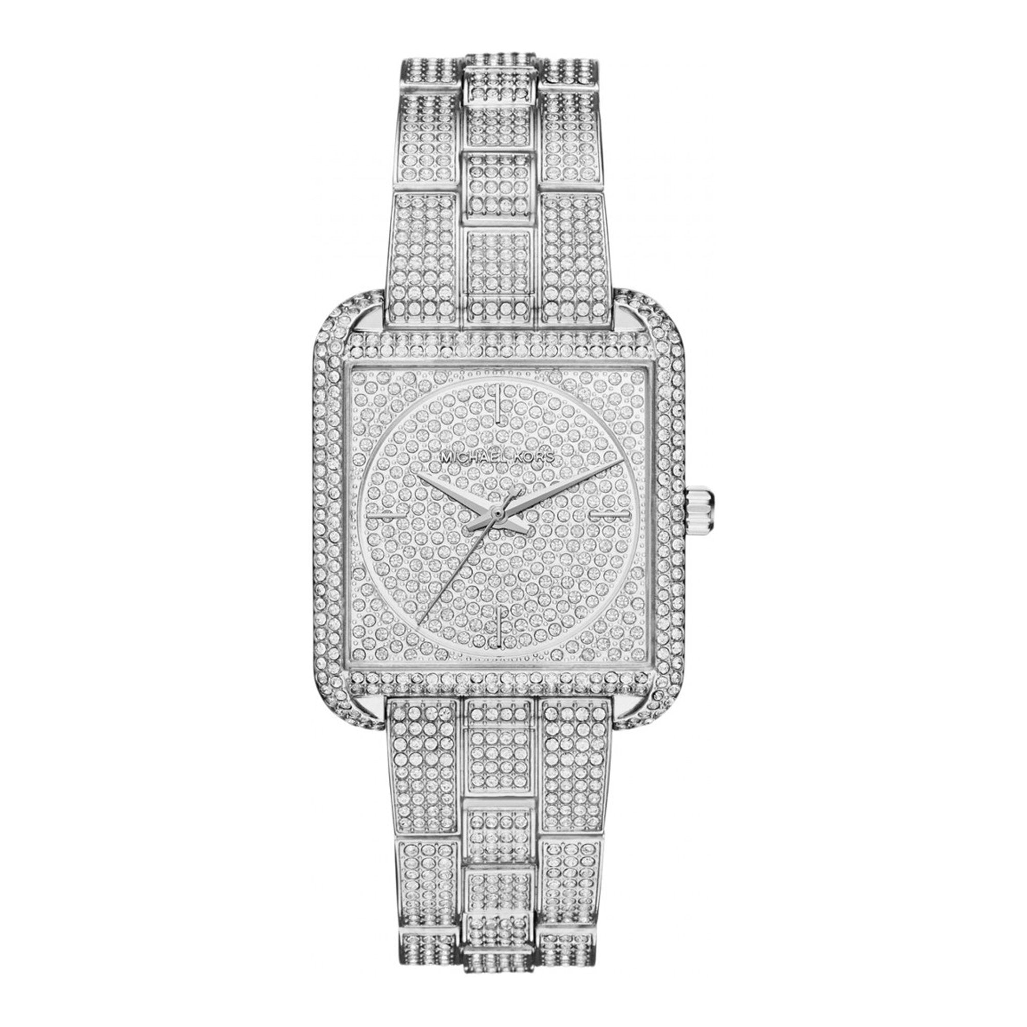 Michael Kors Square Lake pave silver-tone women's watch with crystal-embellished square case and bracelet