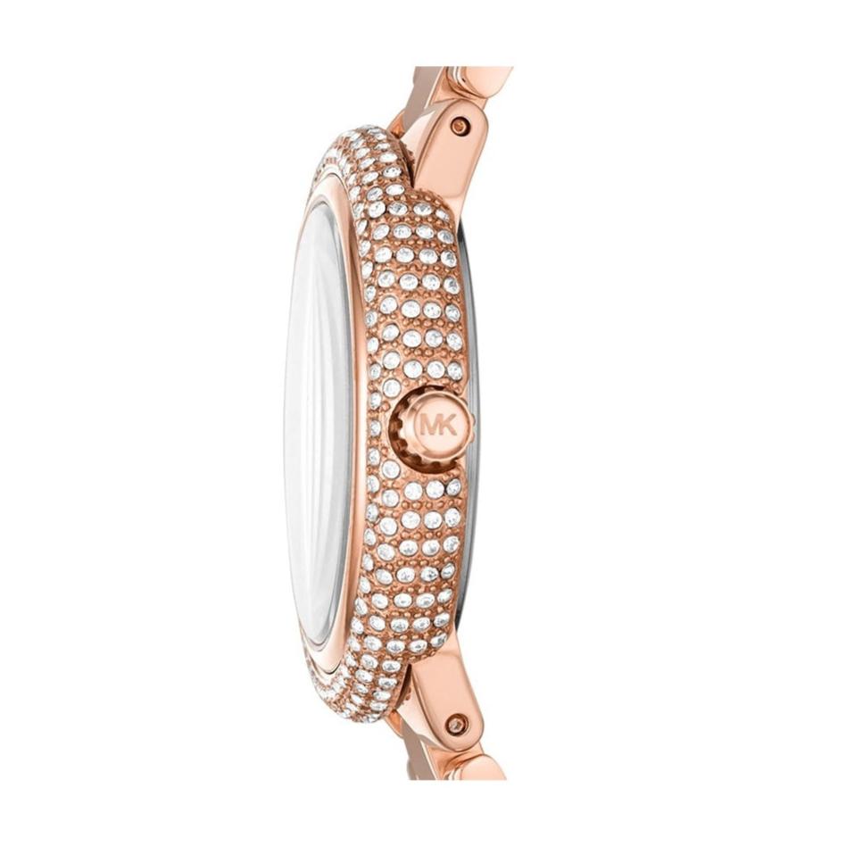 Side view of Michael Kors Taryn watch showing rose gold case with pavé crystal details