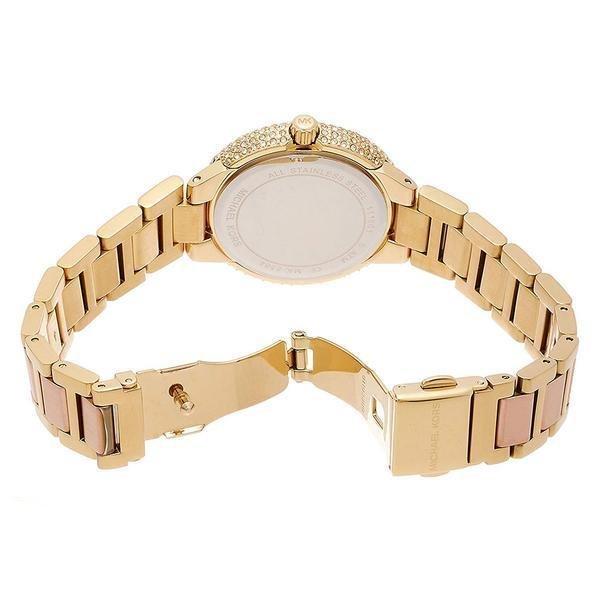 Michael Kors Taryn MK6564 caseback showing two-tone metal bracelet and clasp