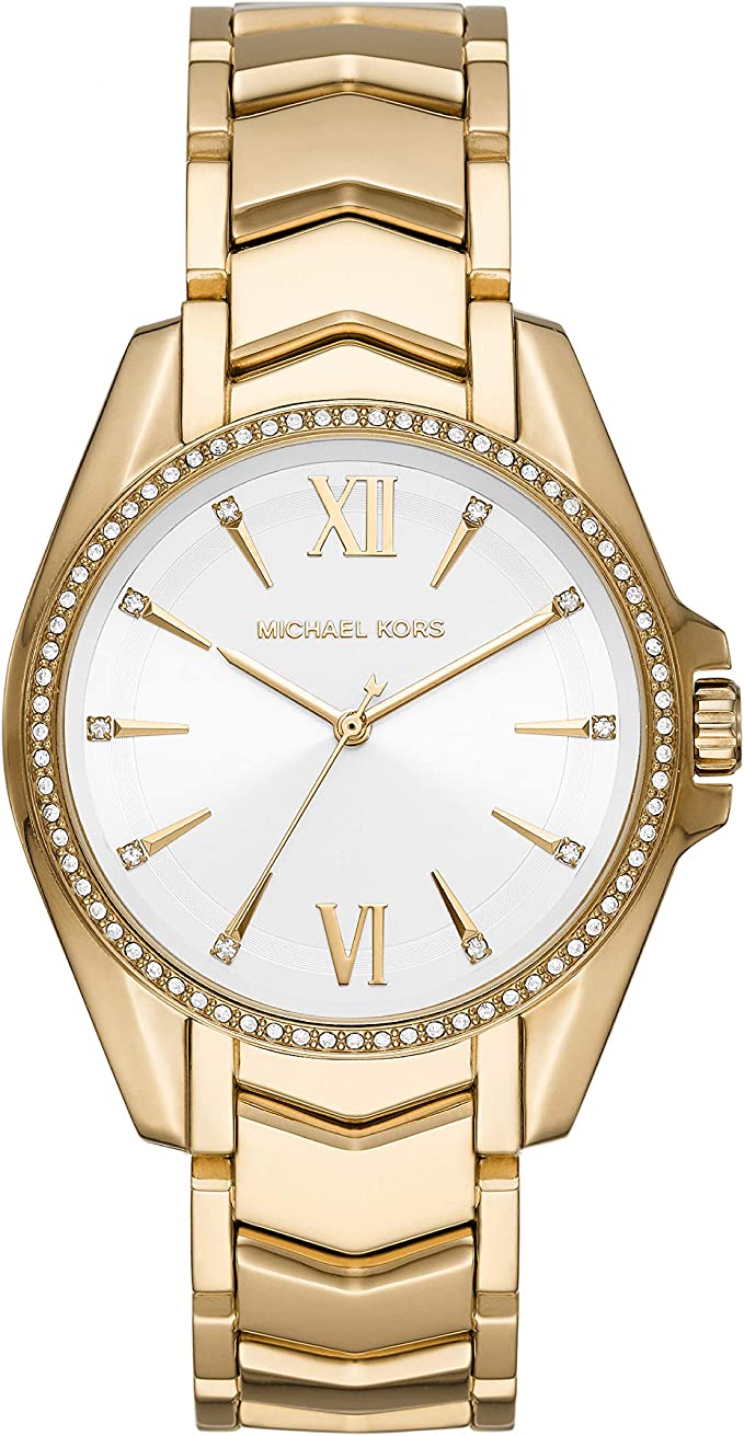 Michael Kors Whitney gold-tone women's watch with crystal bezel, white dial, and Roman numerals