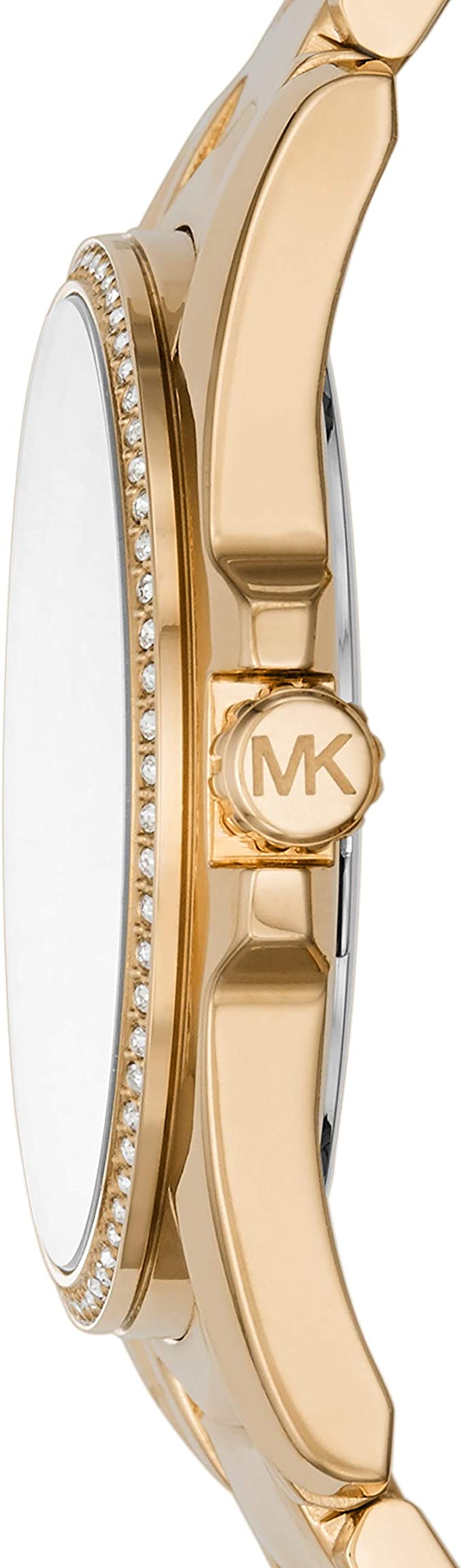 Michael Kors Whitney gold-tone women's watch shown from side view with chevron bracelet