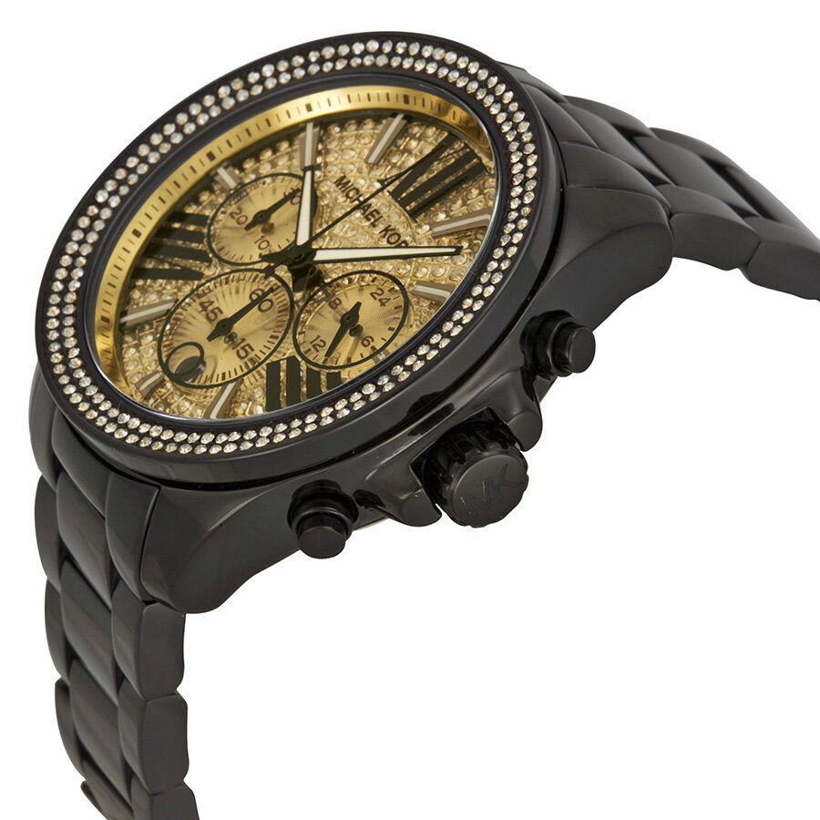 Michael Kors Wren chronograph watch at angle showing side profile with black ion-plated case and strap