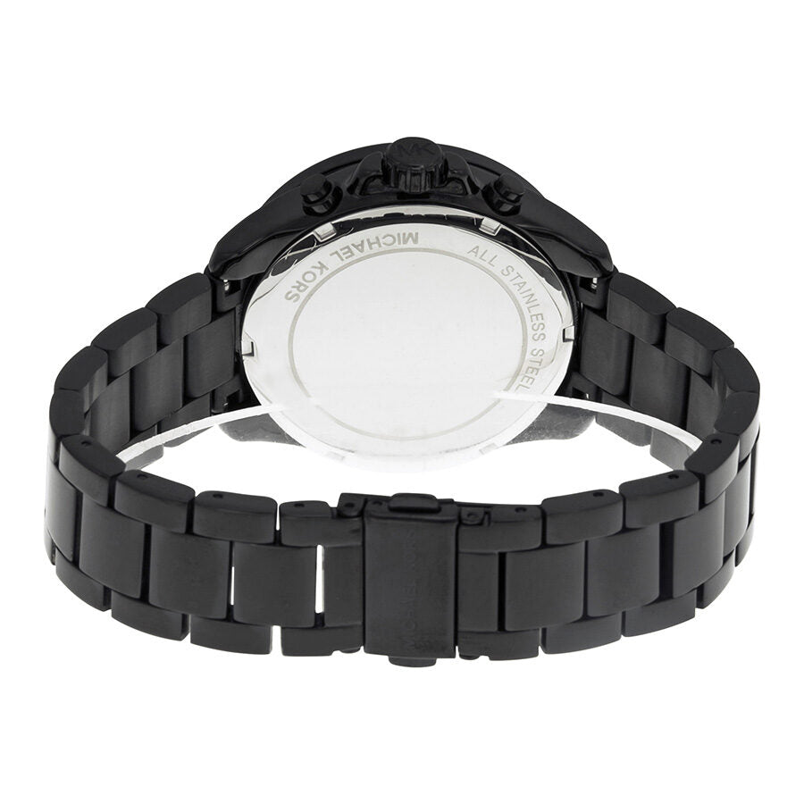 Back of Michael Kors Wren watch showing case back and black ion-plated bracelet