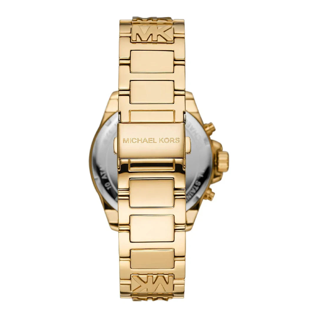 Michael Kors Wren watch caseback with gold-tone MK logo bracelet and engraved text