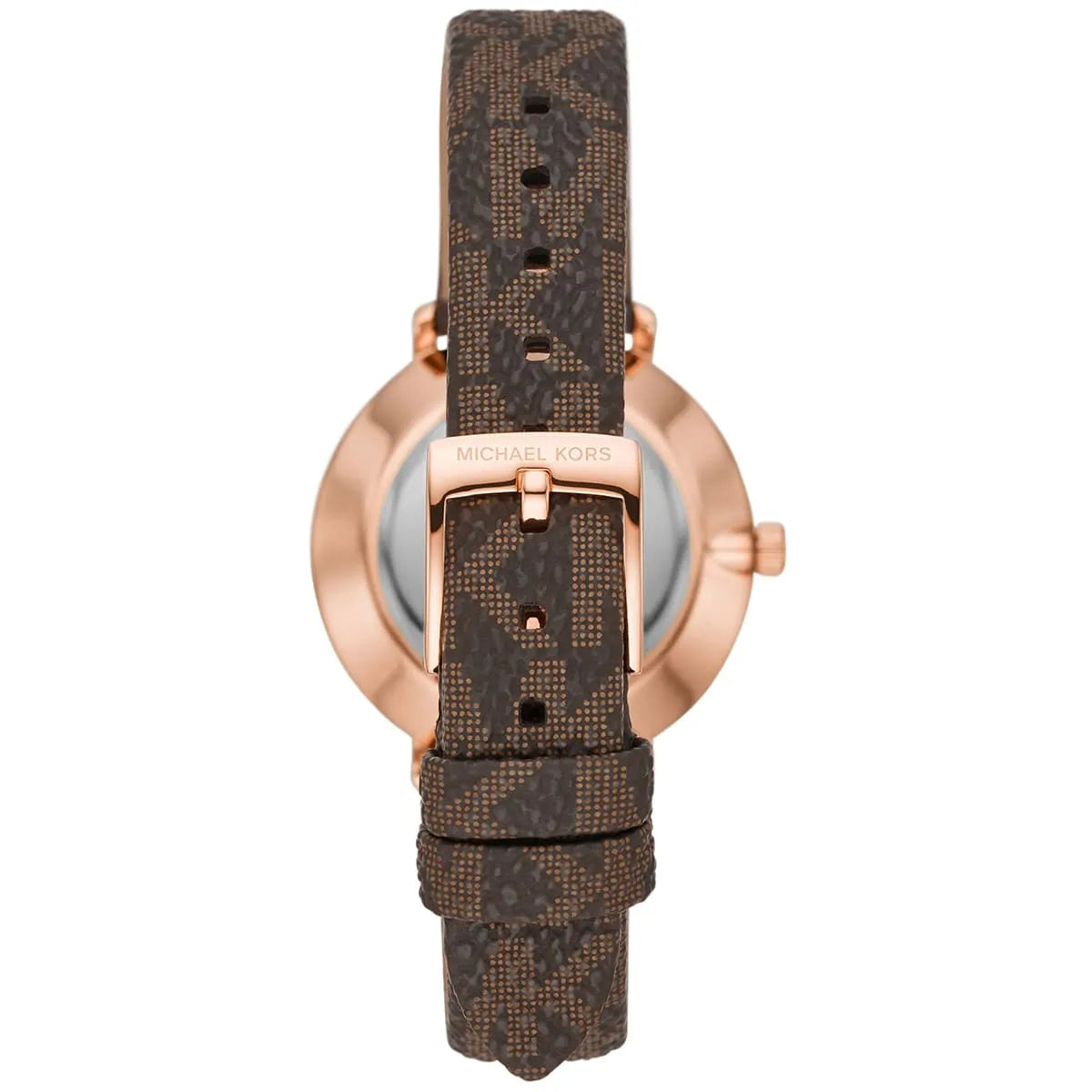 Three-quarter view of Michael Kors Pyper watch with brown leather strap and rose gold case