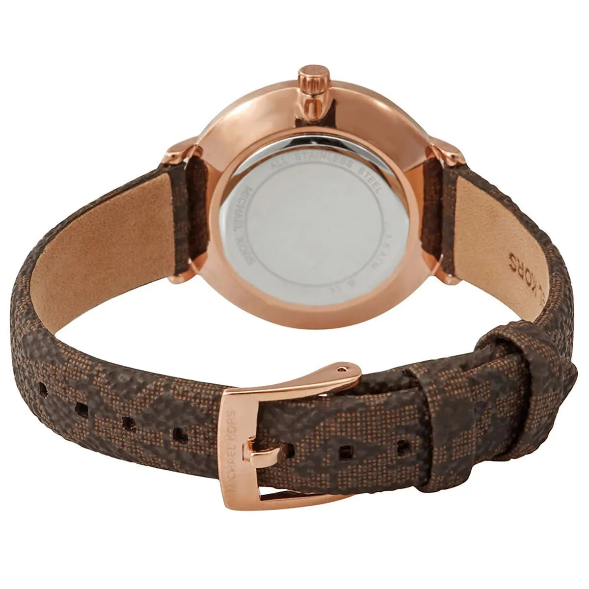 Michael Kors Pyper watch caseback showing rose gold case, brown leather strap, and buckle closure
