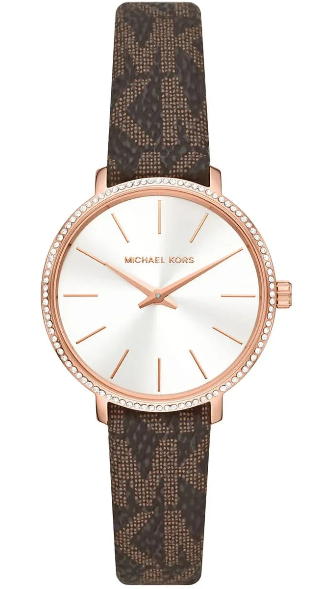 Michael Kors Pyper women's watch with white dial, rose gold case, crystal bezel, and brown patterned leather strap