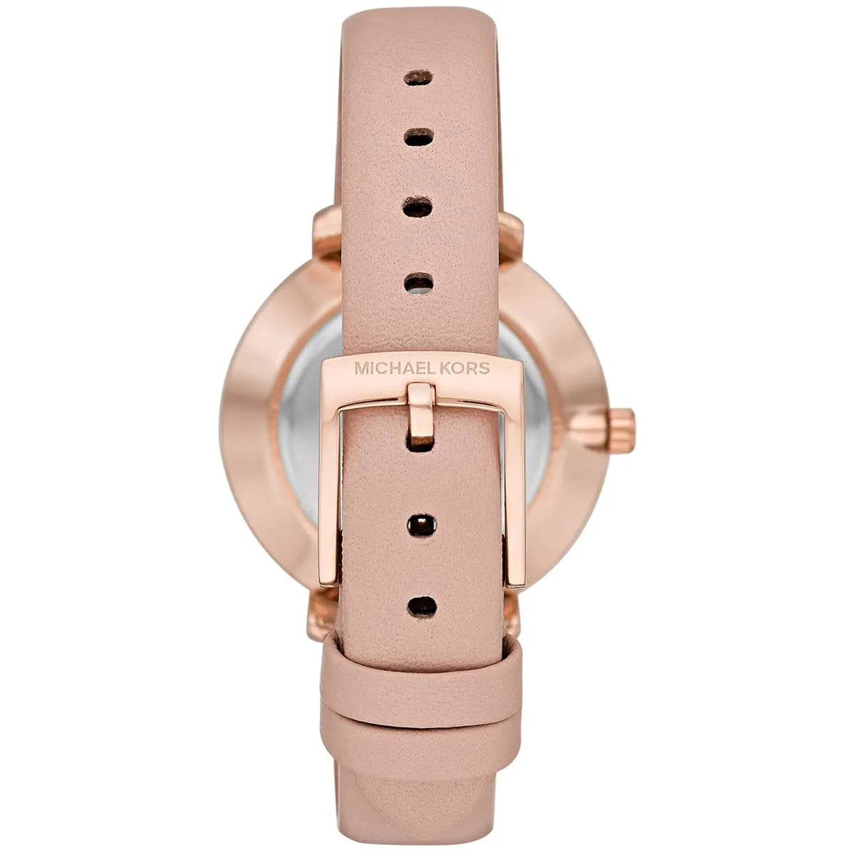 Angled view of Michael Kors Pyper watch with pink leather strap and rose-gold buckle