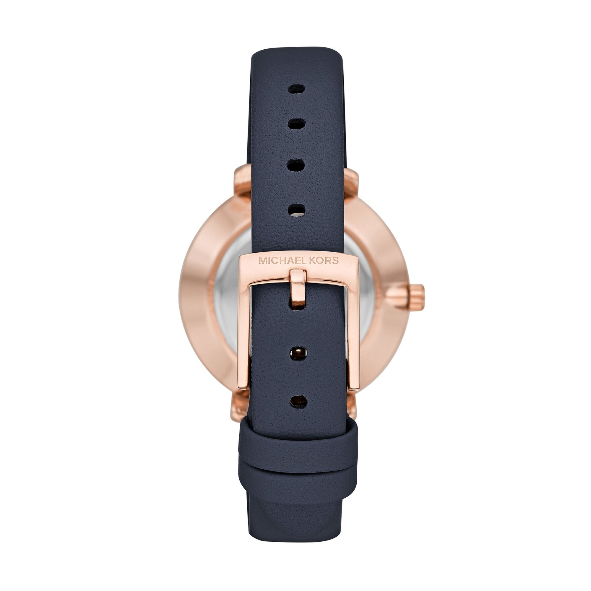 Back view of MK2804 displaying rose gold case back and navy leather strap with buckle