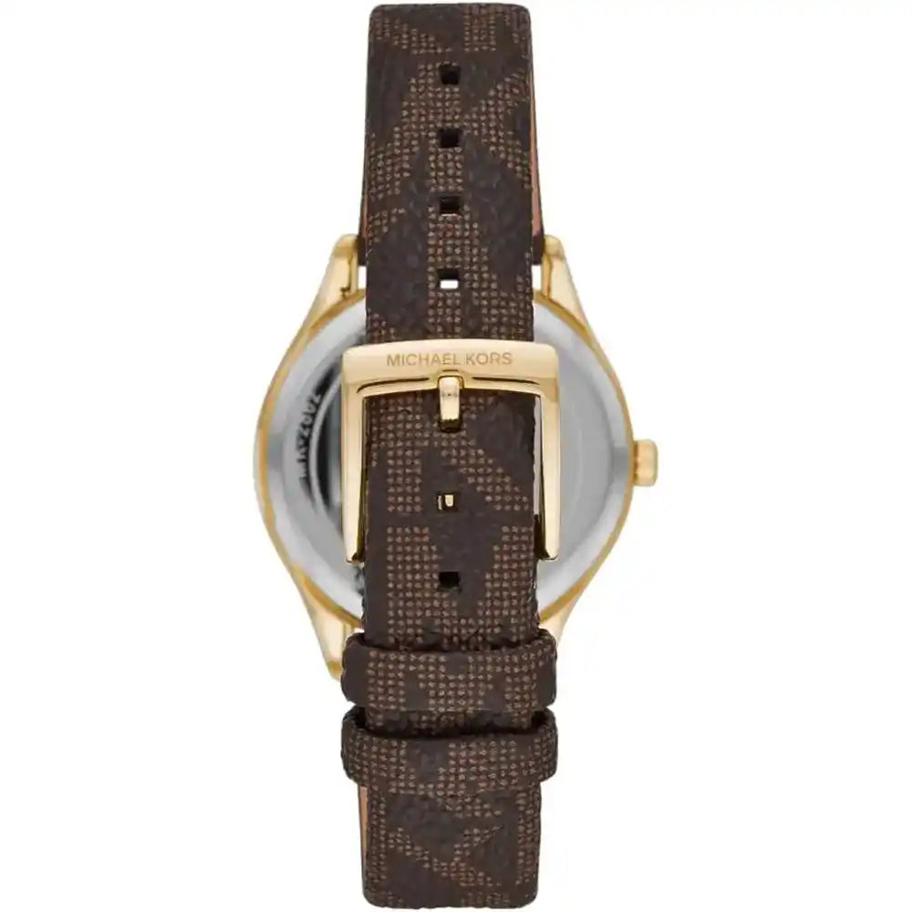 Brown patterned leather strap with gold-tone buckle on Michael Kors Jaycie watch
