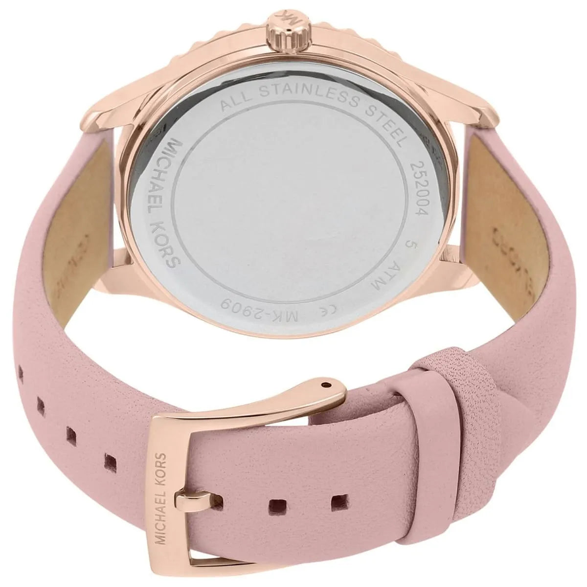 Michael Kors Layton watch caseback showing case details and pink leather strap with buckle