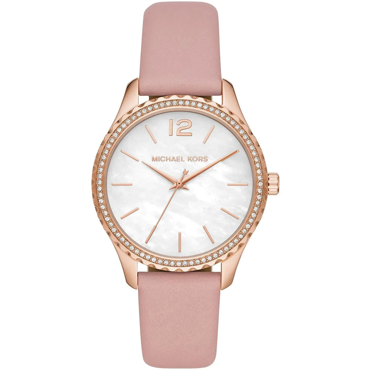 Michael Kors Layton women's watch with white dial, rose gold case, crystal bezel, and pink leather strap