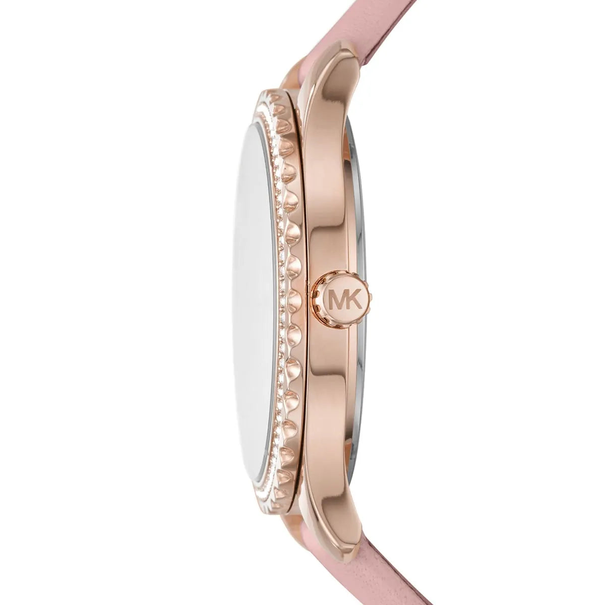 Michael Kors Layton watch side profile showing rose gold case thickness and pink leather strap