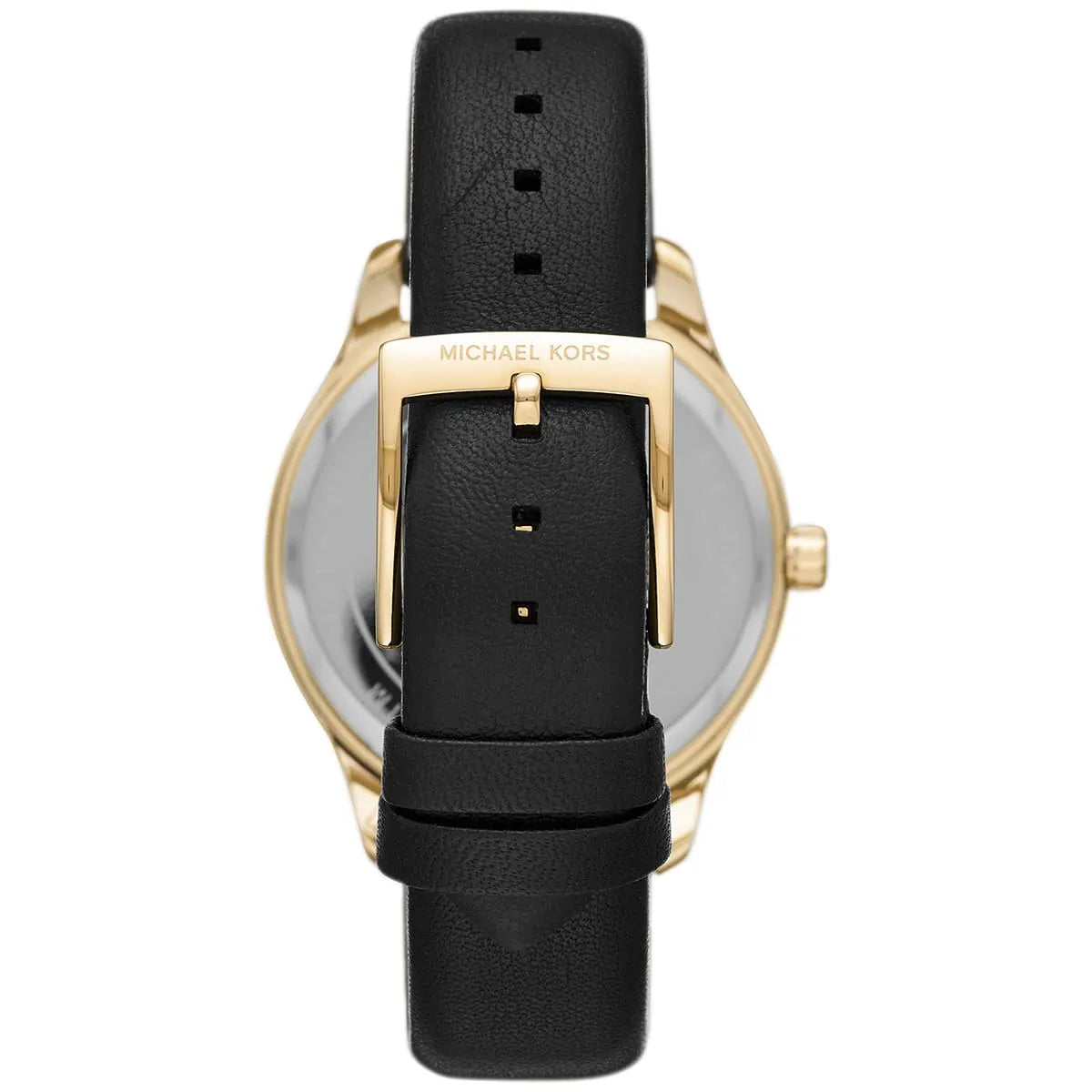 Angled view of Michael Kors Layton watch with gold buckle and black leather strap