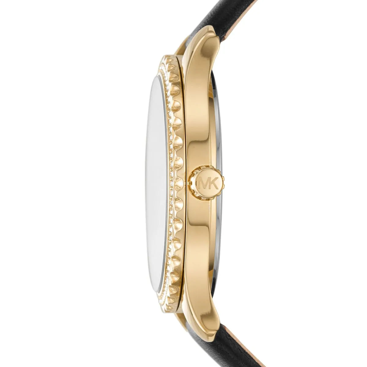 Side profile of Michael Kors Layton watch showing gold-tone case and black leather strap