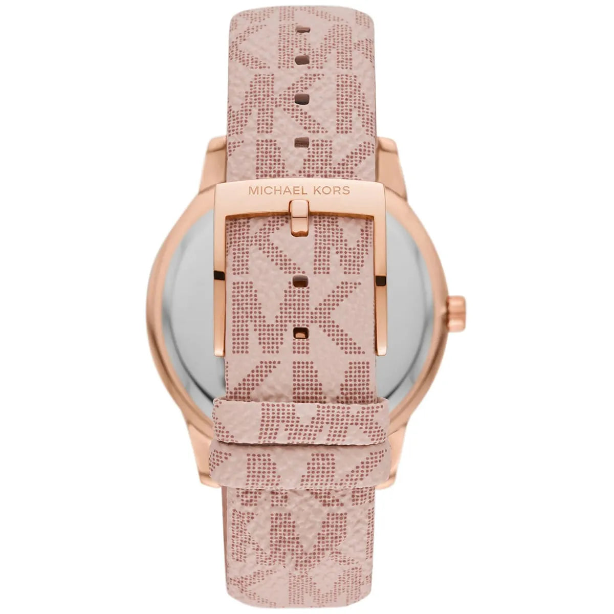 Angled view of Michael Kors Tibby watch displaying rose-gold case, chronograph dial and pink patterned strap