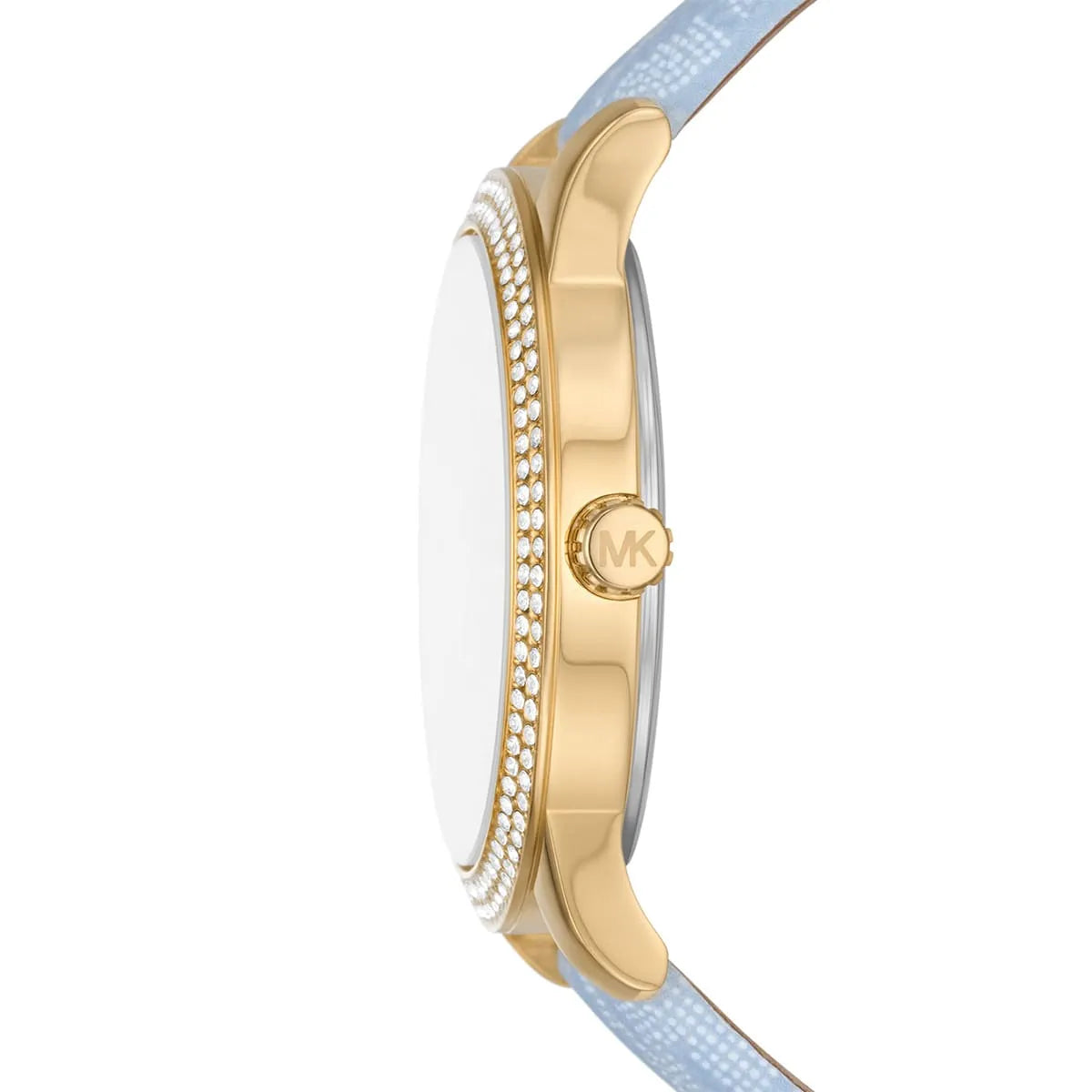 Michael Kors Tibby watch side view showing gold case profile, crystal bezel, and blue strap