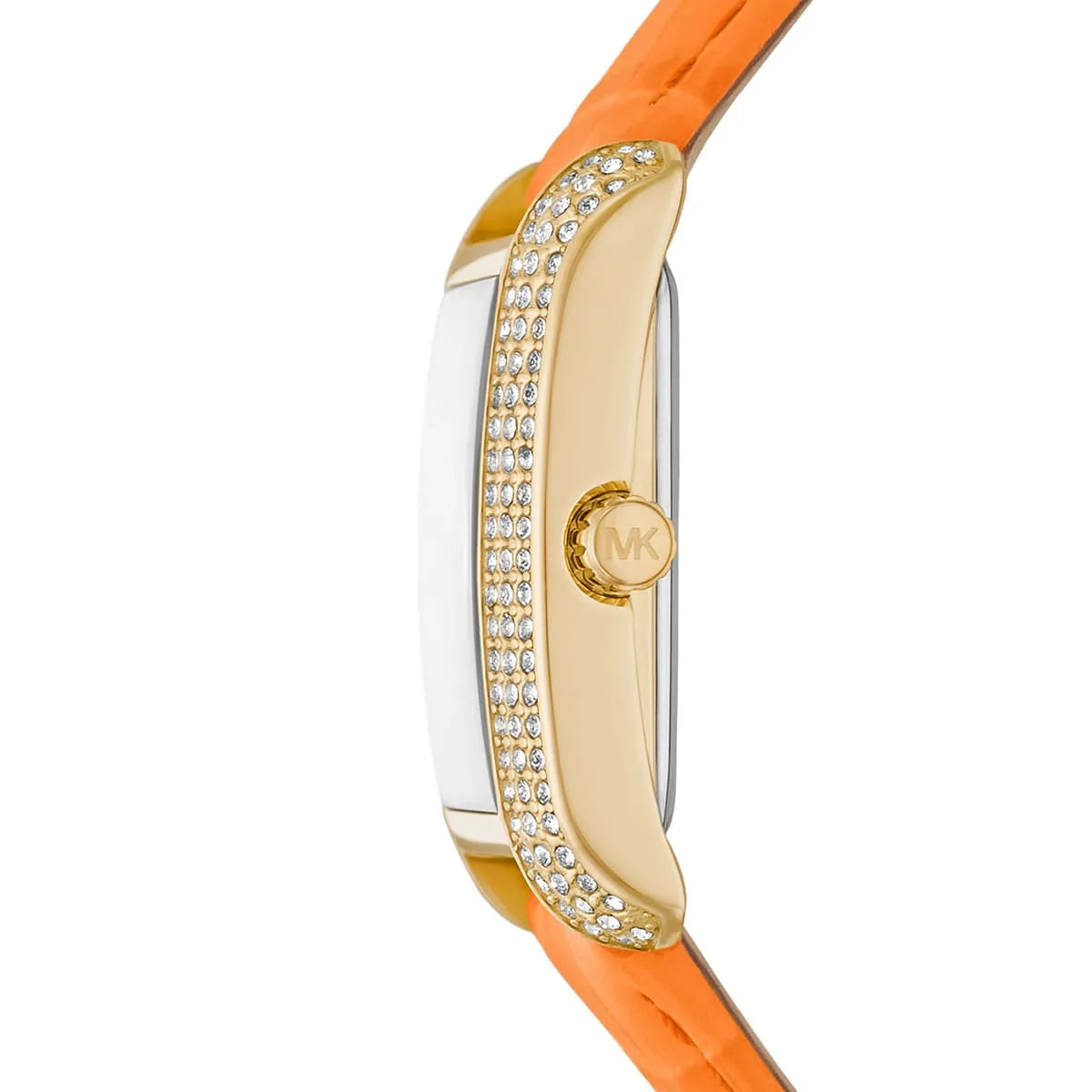 Side view of Michael Kors Emery watch showing crystal-set bezel, case profile, and orange leather strap