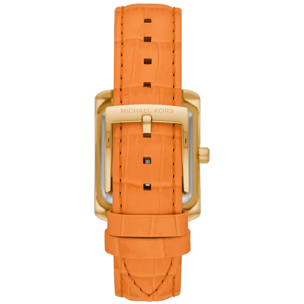 Michael Kors Emery watch strap detail showing orange crocodile leather with rectangular buckle