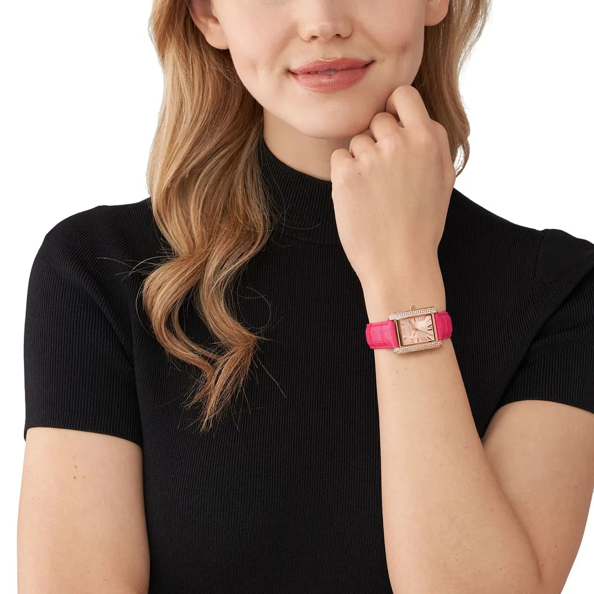 Michael Kors Emery MK2984 watch worn on wrist, rose gold with pink leather strap