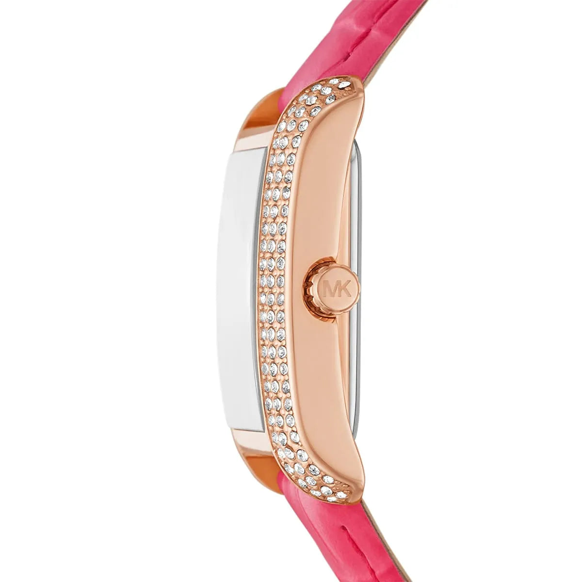 Side profile of Michael Kors Emery MK2984 with crystal-set bezel and pink strap