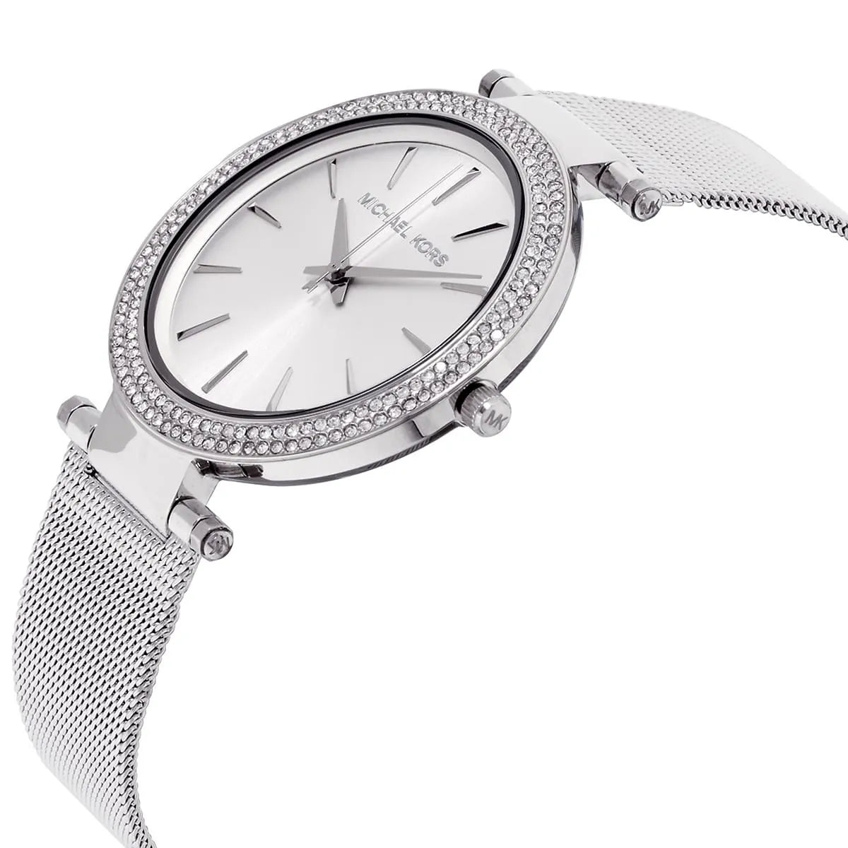 Michael Kors Darci watch at angle showing silver case and mesh strap