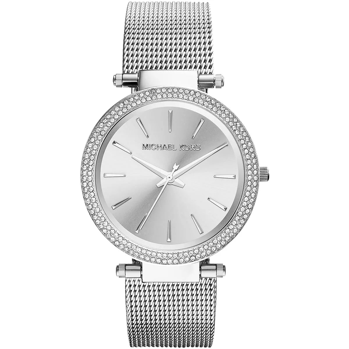 Michael Kors Darci women's watch with silver dial, crystal-studded bezel, and mesh strap