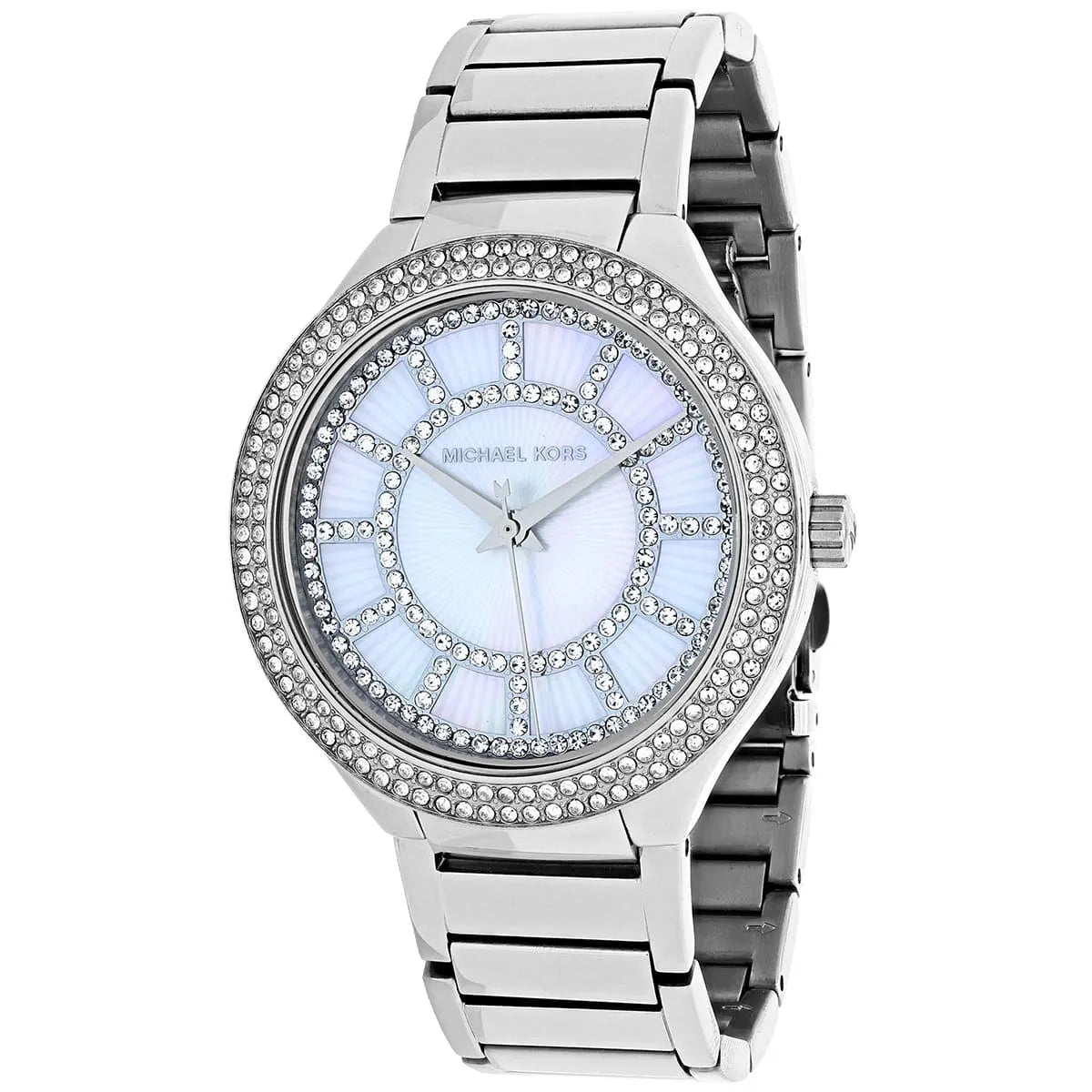 Michael Kors Kerry watch angled view showing blue dial with applied hour markers and crystal pavé bezel detail