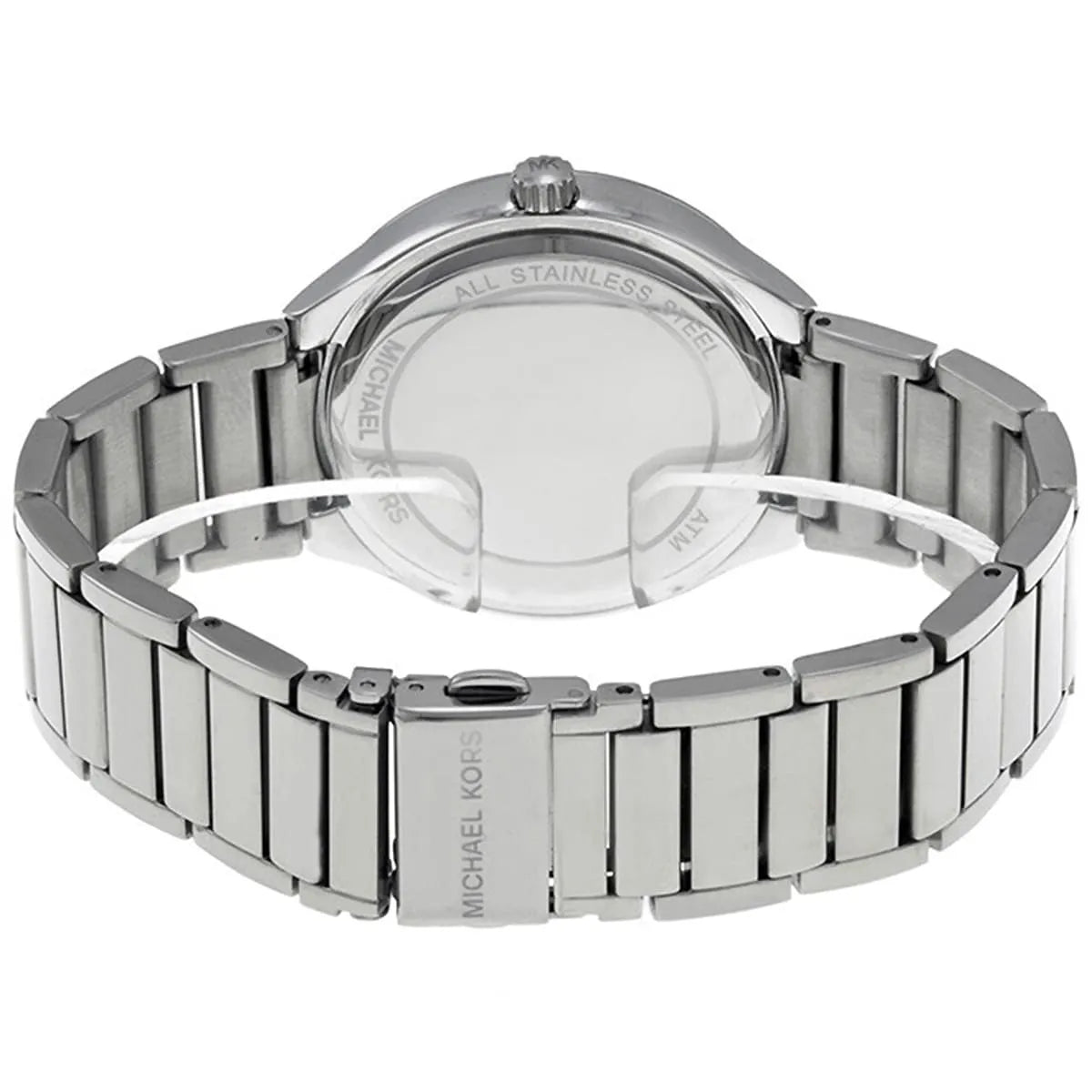 Michael Kors Kerry watch caseback showing stainless steel with engraved text and transparent display