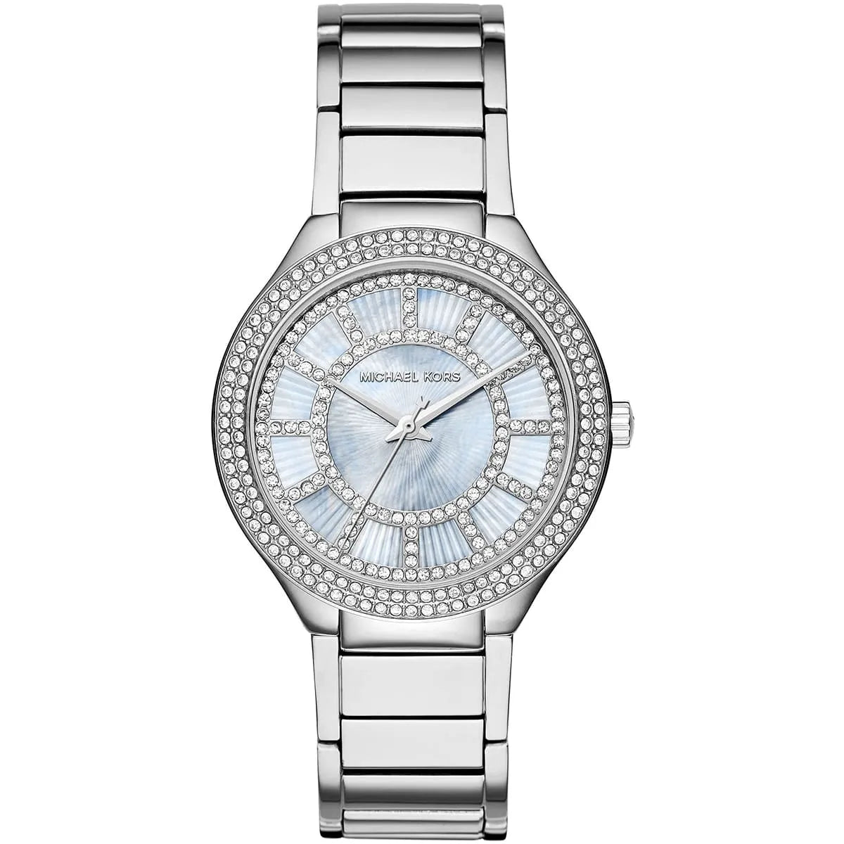 Michael Kors Kerry women's watch with chambray blue mother-of-pearl dial and crystal-set bezel on silver stainless steel bracelet