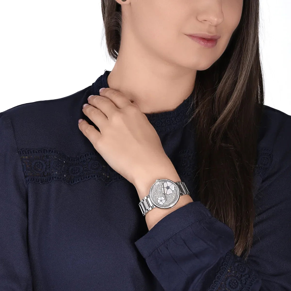 Michael Kors Courtney MK3835 silver pavé watch worn on wrist