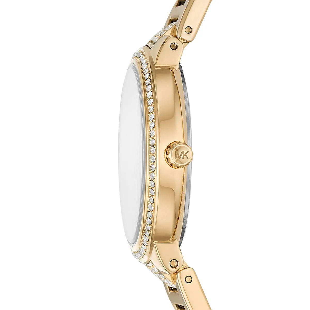 Michael Kors Gabbi watch side view showing crystal-paved bezel and MK logo