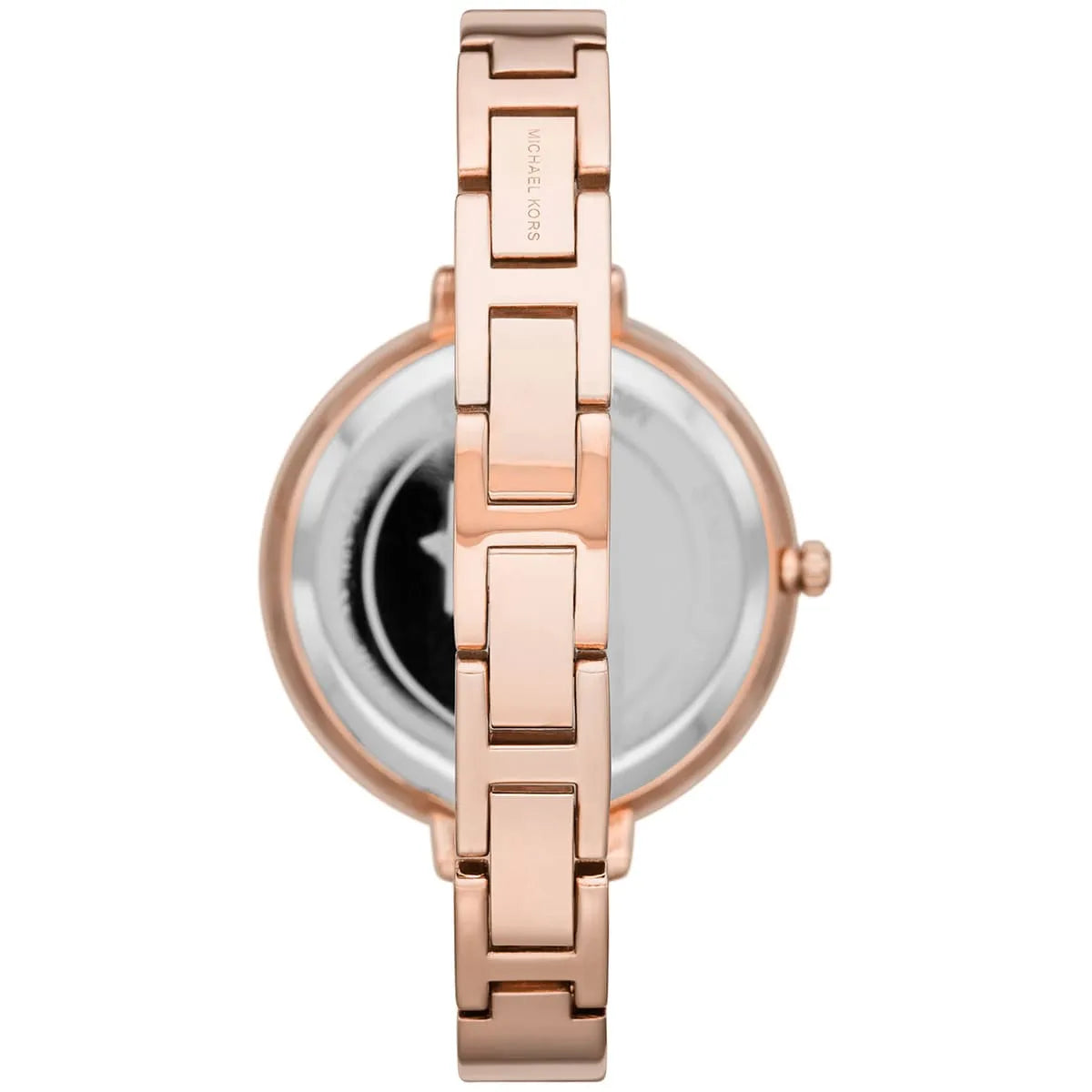 Back view of Michael Kors Charley watch displaying caseback and rose gold metal strap links