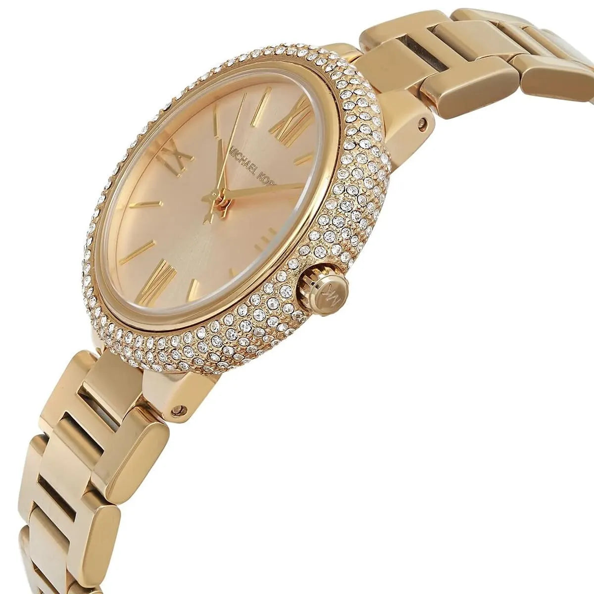 Side profile of Michael Kors Taryn watch showing crystal bezel and gold metal bracelet