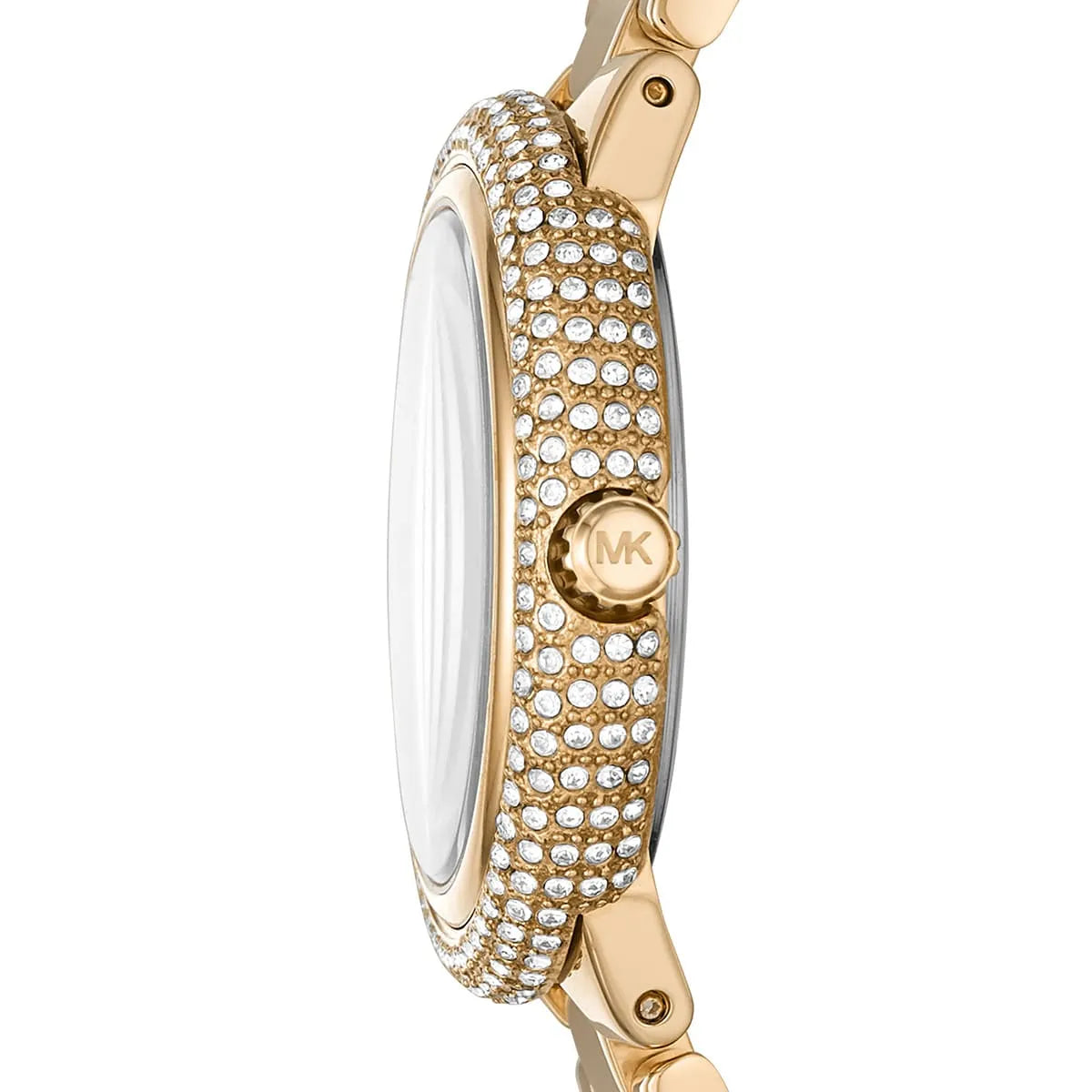 Detailed side view of Michael Kors Taryn watch with pave crystal bezel and MK crown