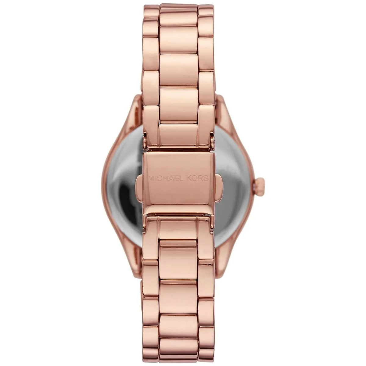 Michael Kors Lauryn rose gold watch caseback showing stainless steel bracelet and case