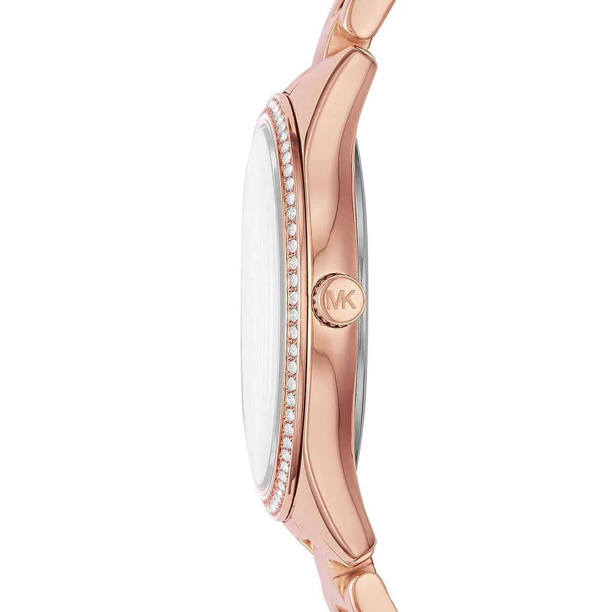 Michael Kors Lauryn watch side view showing rose gold case depth and crystal bezel detail